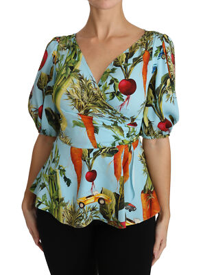 【関税&送料込】Dolce & Gabbana Two-Tones Fabric Dragon Snea DOLCE & GABBANA Blouse Vegetable Print Silk Top Peplum Wrap