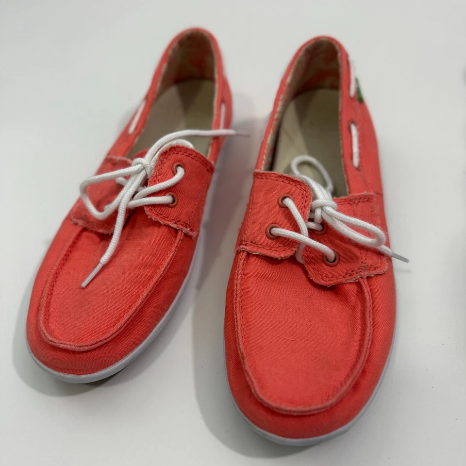 Zapato mocasín Sanuk Sailaway 2 aceras surfistas CORAL con cordones de lona para barco 7,5 Foto 3 de 4