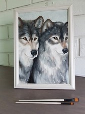 Quadro lupo animale arte originale incorniciato 12 x 9 coppie lupi olio arte ...