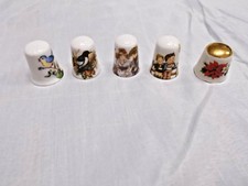 VINTAGE LOT OF 5 PORCELAIN MADE IN USA THIMBLES - 1980'S - CHILDREN, BIRDS, ETC
