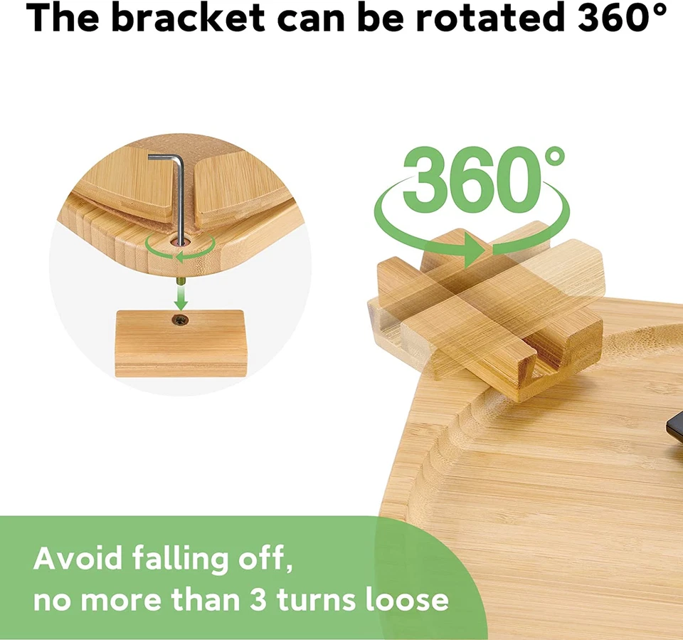 Bamboo Sofa Tray Table Clip on Side Table Couch Arm with 360° Rotating Phone Hol - Image 2 of 4