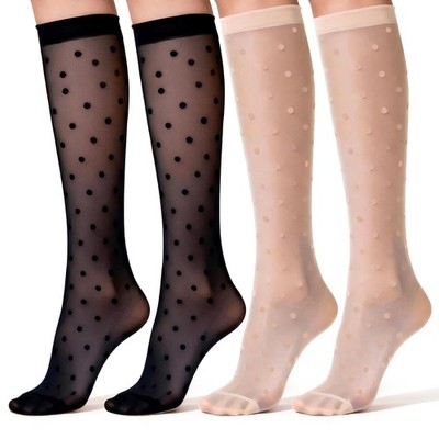 4 Pairs Women's Dot Knee High Stockings Polka Dot Sheer Knee High Black, Beige