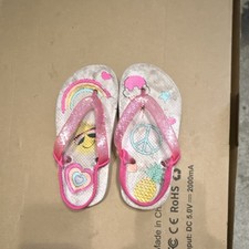 Girls Pink White Glitter Slip-On Flip Flop Sandals Open Toe Rainbow Theme