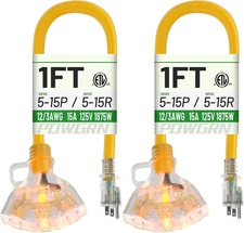 1 FT 2 Pack 12/3 Gauge Extension Cord with Multiple Outlets Outdoor, 3 Outlet