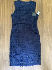 WHITE HOUSE BLACK MARKET Sz 6 Navy & Blue Embroidered Lace Floral Sheath Dress