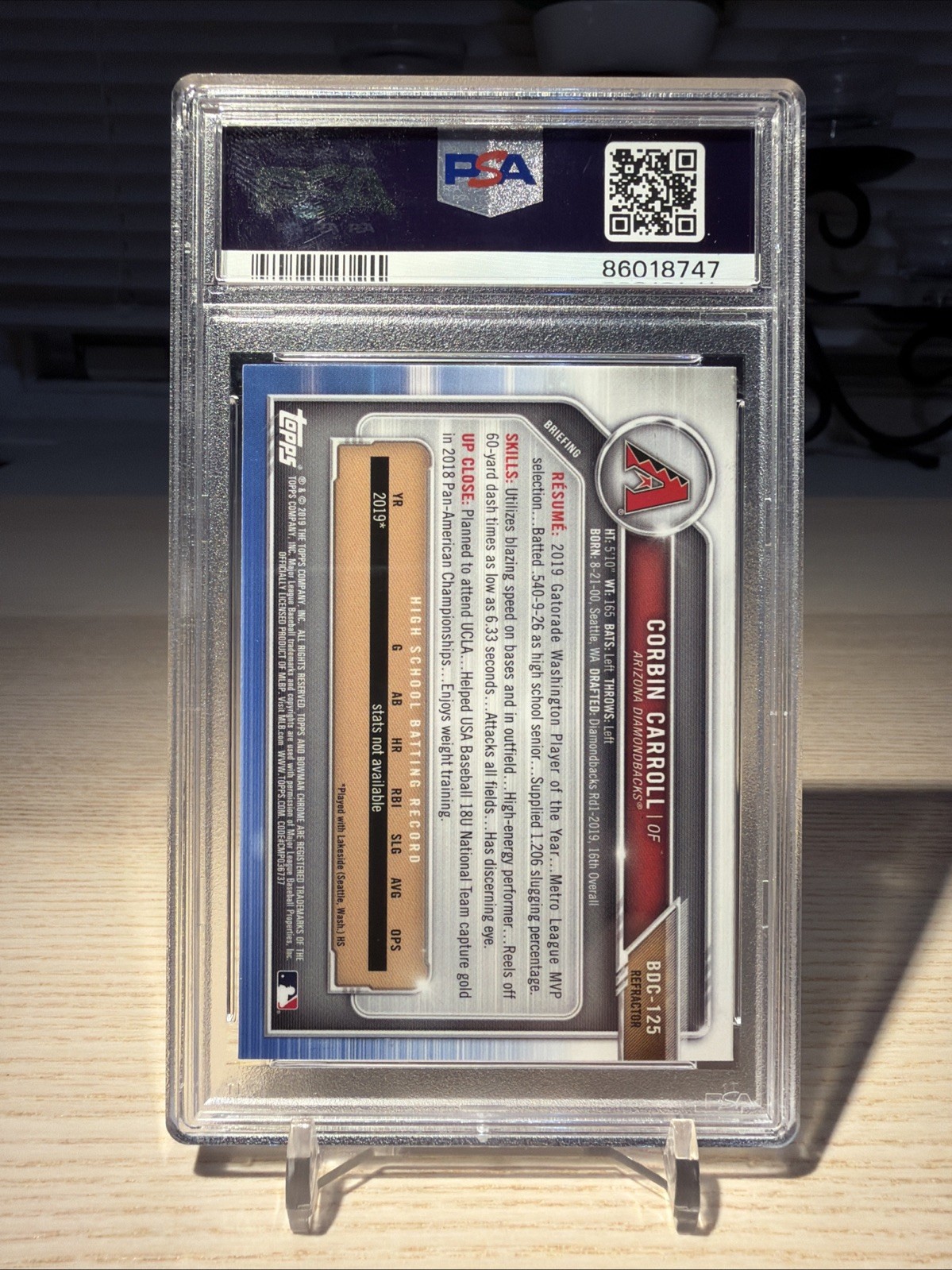 2019 Bowman Draft Corbin Carroll 1st Bowman Chrome Refractor PSA 10 #BDC-125 view 2
