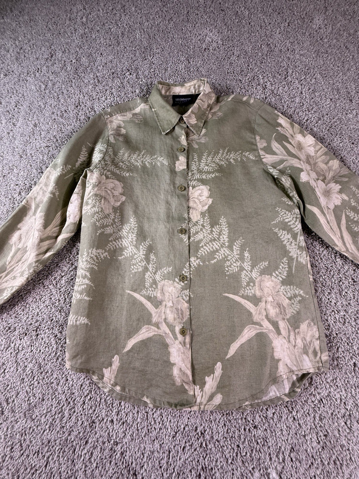Liz Claiborne Women’s Linen Blouse Petite Medium Green Floral