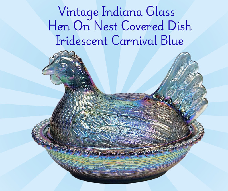 Vintage Indiana Glass HEN ON NEST Covered Dish-Iridescent CARNIVAL Glass Blue