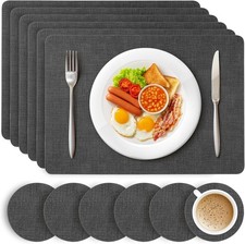 Dark Grey Placemats and Coasters - Set of 6 Large PU Leather Coasters and Place