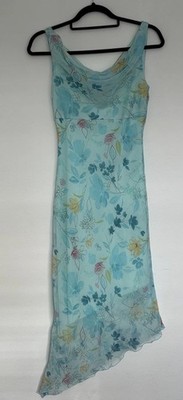 My Michelle Vintage Asymmetrical Floral Fairy Blue Cowl Neck Dress Y2K 5/6