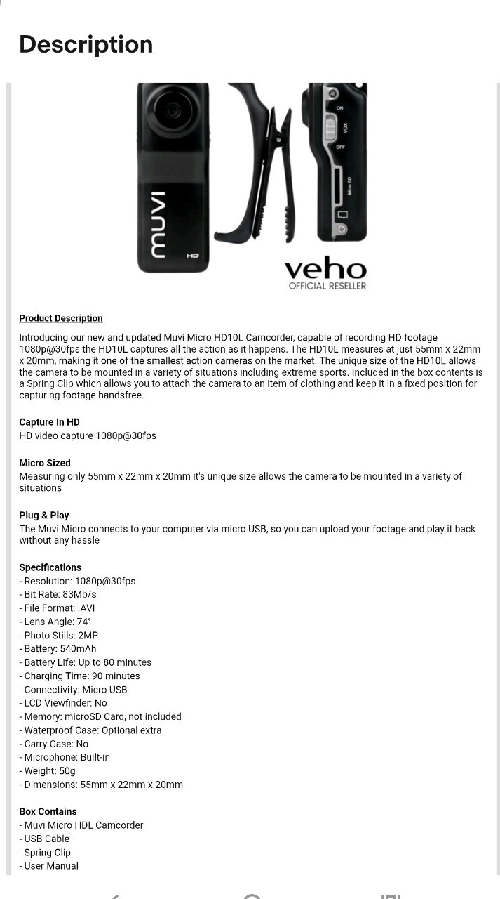 VEHO MUVI HD10L MICRO CAMCORDER SECURITY BODY WORN - BLACK - VCC-003-MUVI-NM