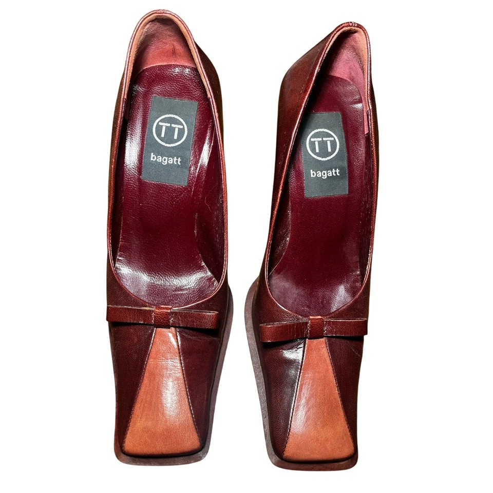 Vintage TT Bagatt tacchi in pelle italiana EU 36 US 6 suole in pelle bordeaux fiocchi - Immagine 2 di 4
