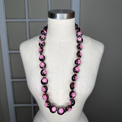Hawaiian Kukui Nut Lei Necklace Brown Pink Hibiscus Floral Women's Hawaii