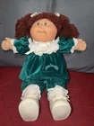 VTG Cabbage Patch Baby Girl Doll Brown Hair Eyes Green Velvet Dress Vintage Old
