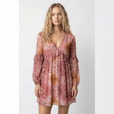 RAGA Ruffle Mini Dress Large NWT Pink Floral Anthropologie Boho Festival Shimmer