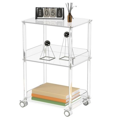 Acrylic Rolling Side Table - 3 Tiers End Table with Lockable Wheels - Small C...