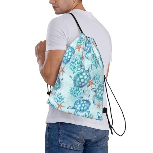 Sea Turtle Drawstring Backpack Bag Aqua 14"x16.9" Unisex Adults Light Blue - Picture 2 of 7