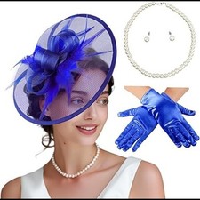 MS.ING Fascinator Hats for Women Tea Party and Gloves Pearl Jewelry Blue