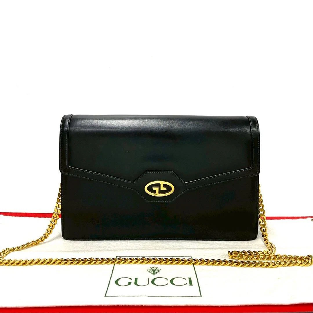 Extrême ancien sac à bandoulière Gucci GG logo chaîne cuir noir #PGABK5