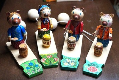 Ass. (One)A Bear-girls w/spoon and a barrel of honey/ Wood Carved Old Style Toy