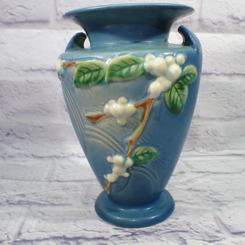 Vintage Roseville Snowberry Blue Art Pottery Vase 8" USA Floral Berries Decor