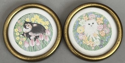 Lovely Pair Of Rare Miniature Framed Sharon Jervis Cat Prints Vintage c1980 s