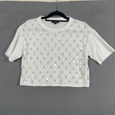 J Crew Shirt Womens XS Embellished Sequin Beaded Crop Top Short Sleeve Sparkle