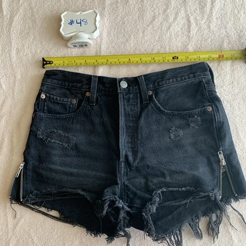 Woman’s Levi’s Black Denim Factory Distressed Shorts Size 30 Button Up Fly