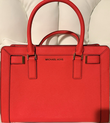 Michael Kors Red Medium Satchel Top Handle Zip Bag w/ Detachable Strap Charm