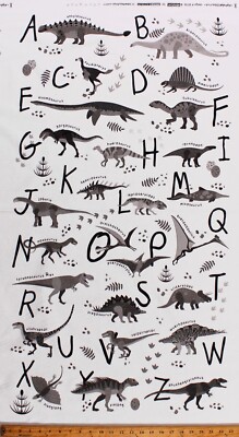 23.5'' X 44'' Panel Dinosaurs Alphabet Letters Kids Grey Cotton Fabric D475.92
