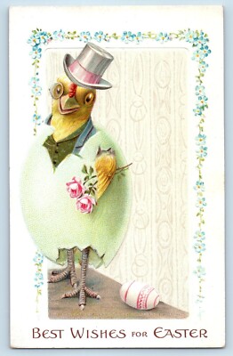 Easter Postcard Anthropomorphic Chick With Flowers Hatched Egg Embossed c1910's