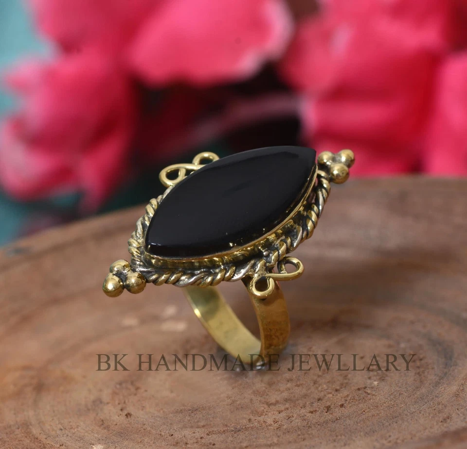 Anillo de piedras preciosas de ónix negro natural, anillo llamativo, joyería hecha a mano enchapada en oro, Foto 4 de 4