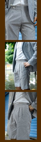 Italian Casual Cotton Seersucker Jacket Pants for Men Paris Buttoned Naples Suit - Picture 11 of 20