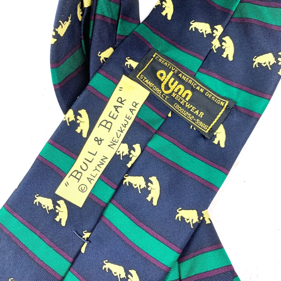 Corbata de seda vintage Alynn Bull & Bear Stock Exchange para hombre a rayas EE. UU. 57 x 4" Foto 4 de 4