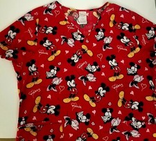 Disney Womens Scrub Top Shirt Mickey Minnie Mouse Nursing Red Size Large
