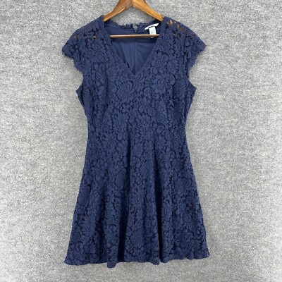 h&m blue crochet dress H&M | Dresses | Hm Fit And Flare Dress Womens L Navy Crochet Lace Short  Sleeve Stretch Capsule