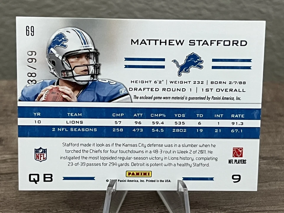 2011 Totally Certified Blue Materials Matthew Stafford #69 Worn Jersey 38/99 - Image 2 of 2