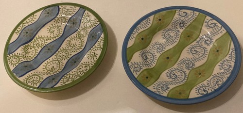Pottery Barn Plates Allegra Side Plates 8.5" Green Blue Hand Painted Pair Art