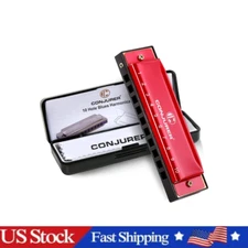 CONJURER Blues Harmonica Brass Reed Metal Mouth Organ C Key Harp with Case Red
