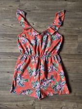 Primark Playsuit koralle tropischer Druck seidig Träger Größe UK 14 sehr guter Zustand