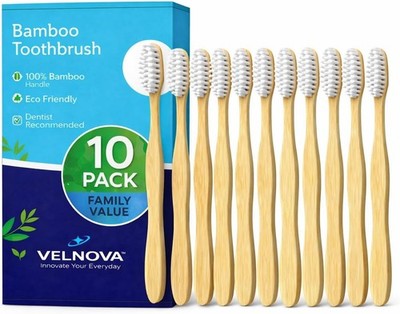 Pure Bamboo Toothbrush 10 Pack Soft BPA Free Eco Wooden Handle
