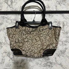Guess Monogram Canvas Dark Brown Crocodile Embossed Faux Leather Tote Bag