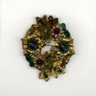 Vintage Costume Jewelry Miriam Haskell Brooch Pin Colored Stones On Gold Plate