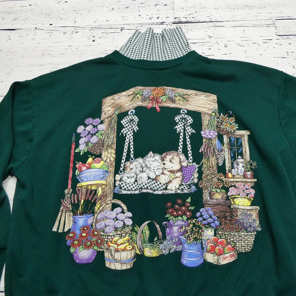 VINTAGE Basic Editions Sweatshirt Womens XL Mock Neck Cats Dogs Made USA 90s - Image 2 of 4