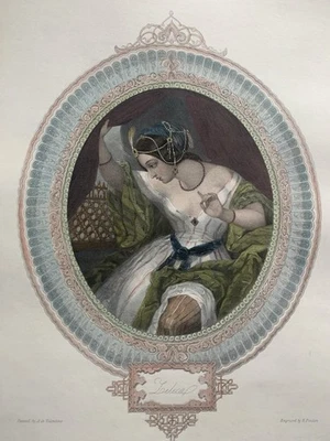 Antique Victorian Romantic Poetry Engraving Zelica Hand Coloured c1853 - Image 1 of 4