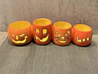 Halloween Vintage Jack-o-Lantern Candle Holders White Barn Pumpkin Cat Boo