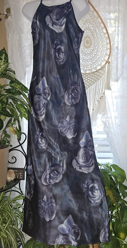 Vtg Romantic Whimsigoth Satin Grey Rose Floral Halter Maxi Slip Dress XXS USA 