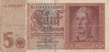 Currency Germany 1939 WW2 Fascism War 5 Reichmark Funf 5 Circulated WORN POOR
