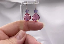 14k Gold Pink Tourmaline Dangle Earrings Amethyst 12mm Briolette Simulated