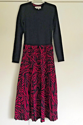 NEW Hobbs black deep fuchsia long sleeve fine-knit dress pleat effect Sz 6 45''L